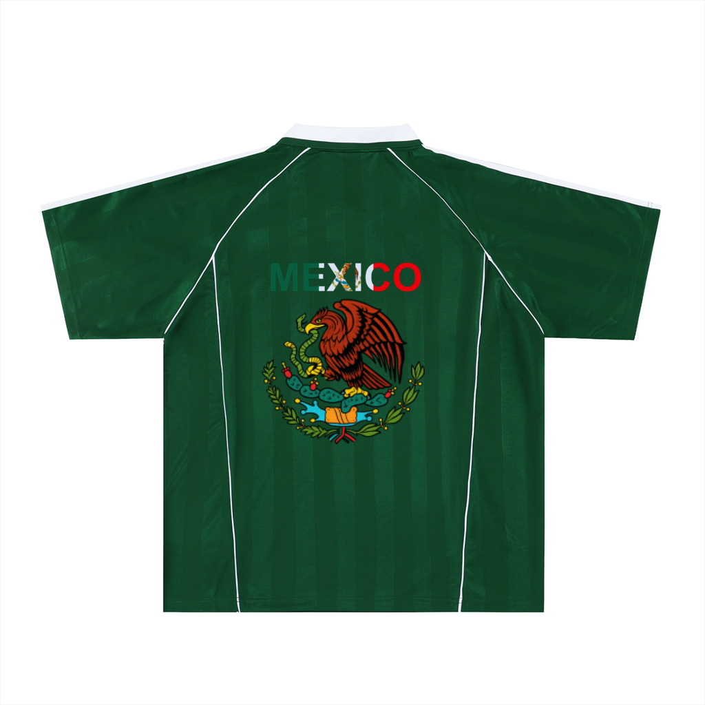 Mexico-Themed Unisex Graphic Striped Collared Soccer Jersey Featuring The National Flag Motif. ODMPOD