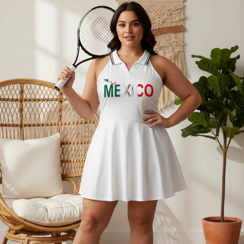 Mexico Flag Themed Women's Collared Halter A-Line Tennis Dress
