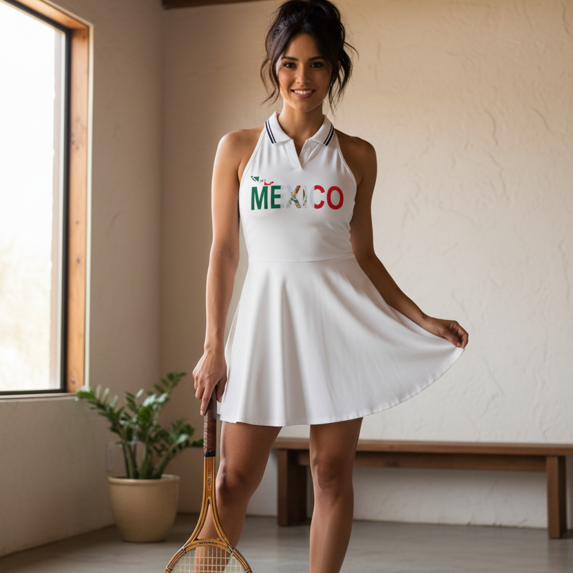 Women's Collared A-Line Halter Tennis Dress Featuring a Mexico-Inspired Flag Design