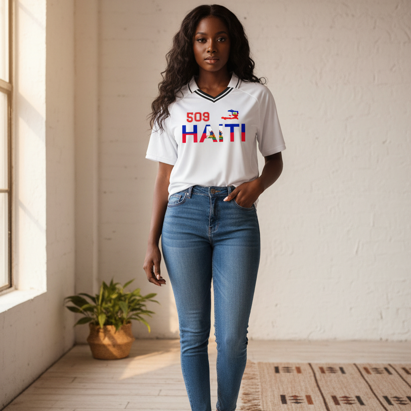 Unisex V-Neck Soccer Jersey Featuring Haiti-Inspired Flag Stripes