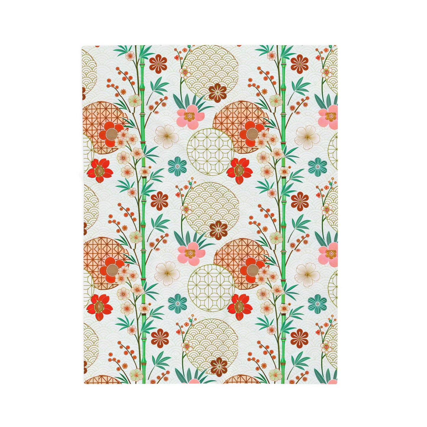 Floral Japanese Circle Velveteen Plush Blanket — Soft Retro Blossom Throw
