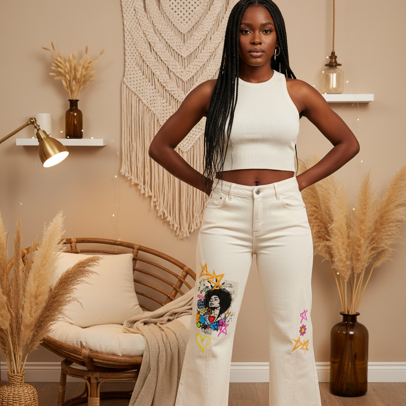 Afro Music & Graffiti Art Graphic Women's Flared Leg Jeans