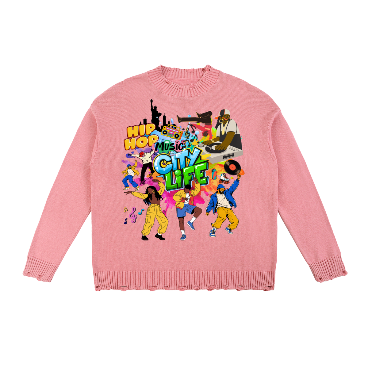 City Life Graphic Unisex Vintage Washed Hand-Frayed Sweater
