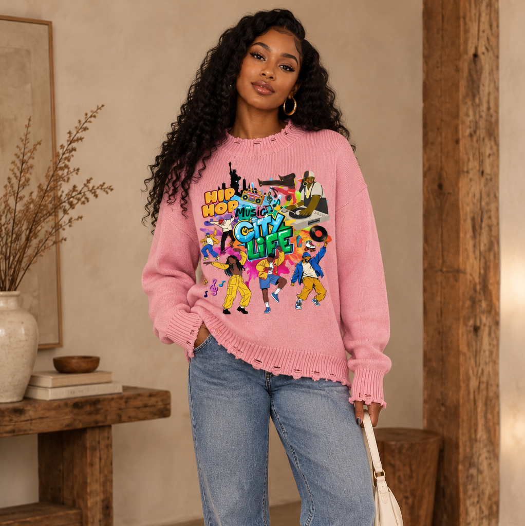 City Life Graphic Unisex Vintage Washed Hand-Frayed Sweater