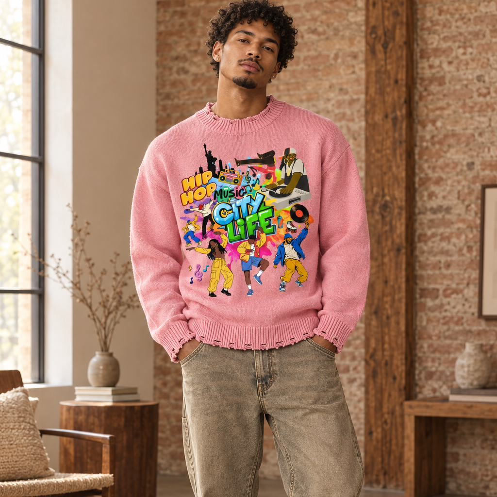City Life Graphic Unisex Vintage Washed Hand-Frayed Sweater