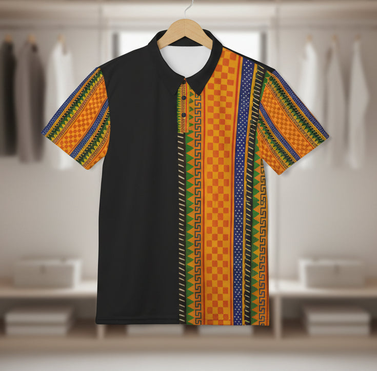 African Kente Stripe Polo Shirt — Vibrant Cultural Print Golf Polo
