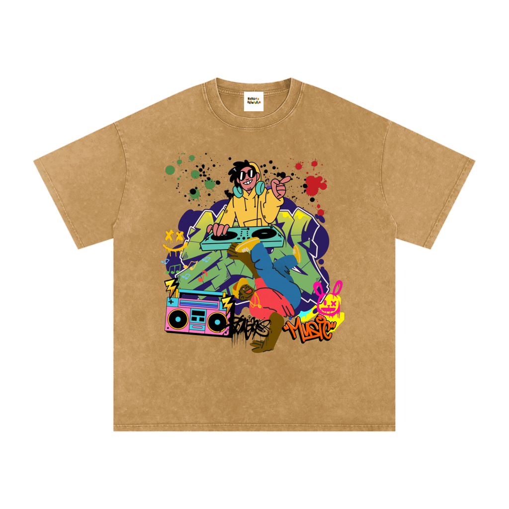 Graffiti DJ Art Graphic Unisex Snow Washed Oversized Cotton T-Shirt