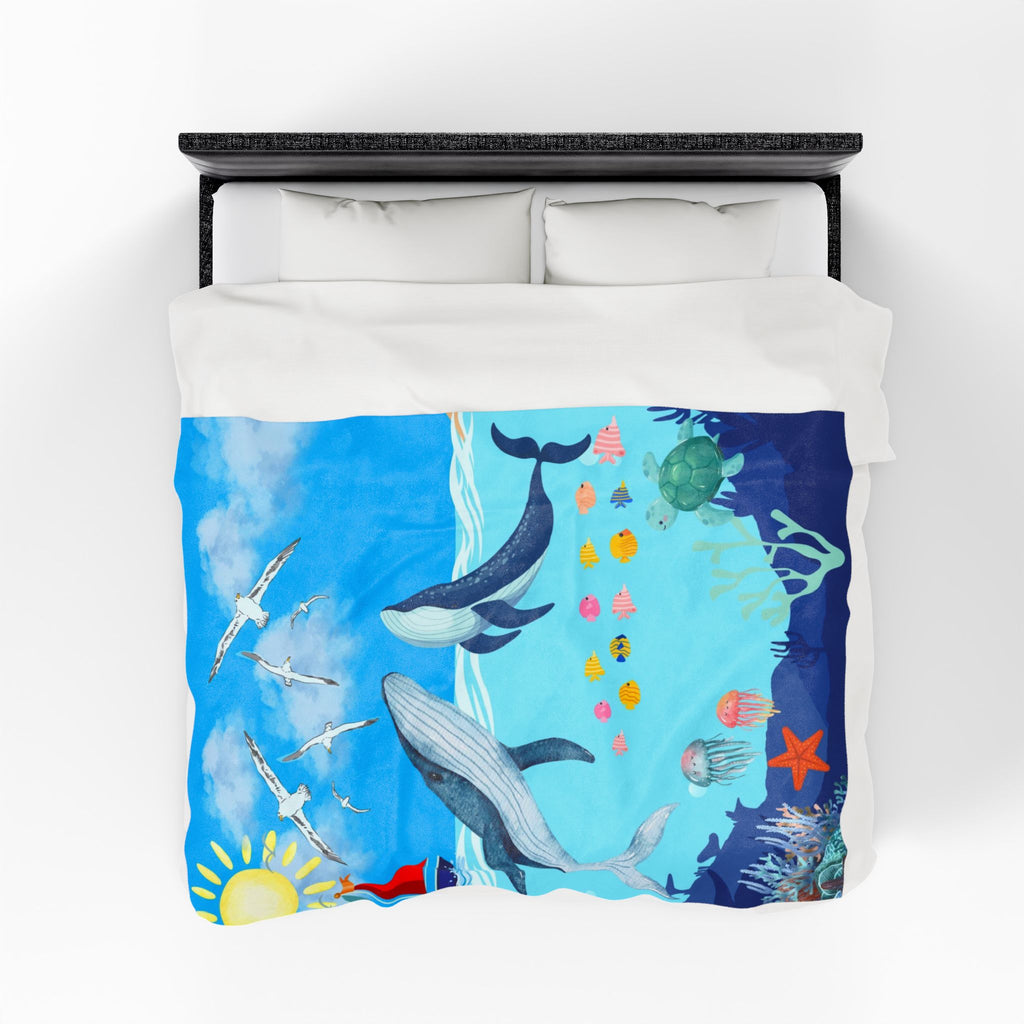 Whale & Ocean Scene Velveteen Plush Blanket – Cozy Decor for Ocean Lovers & Kids Printify