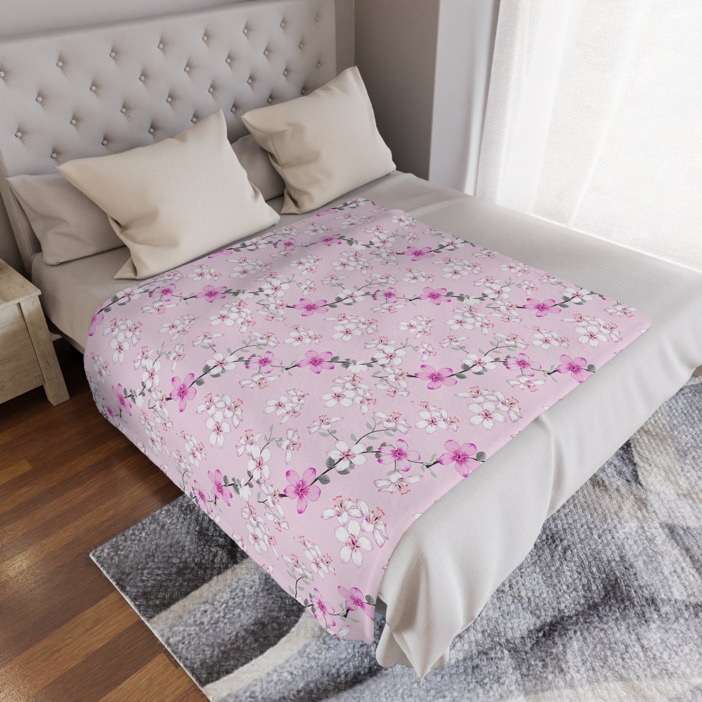 Floral Pink Cherry Blossom Minky Blanket