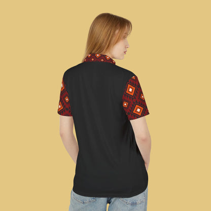 Patterned Polo Shirt — Red Geometric Diamond Print