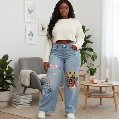 Colorful Afro Art  Themed Graphic Women's Vintage Wash Distressed Wide Leg Jeans