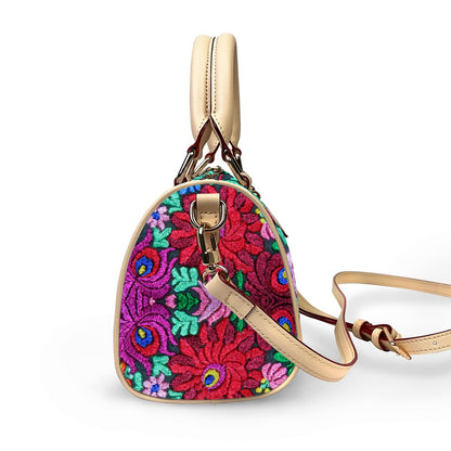 All -Over Colorful Floral Themed Classic Barrel-Shaped PU Leather Handbag