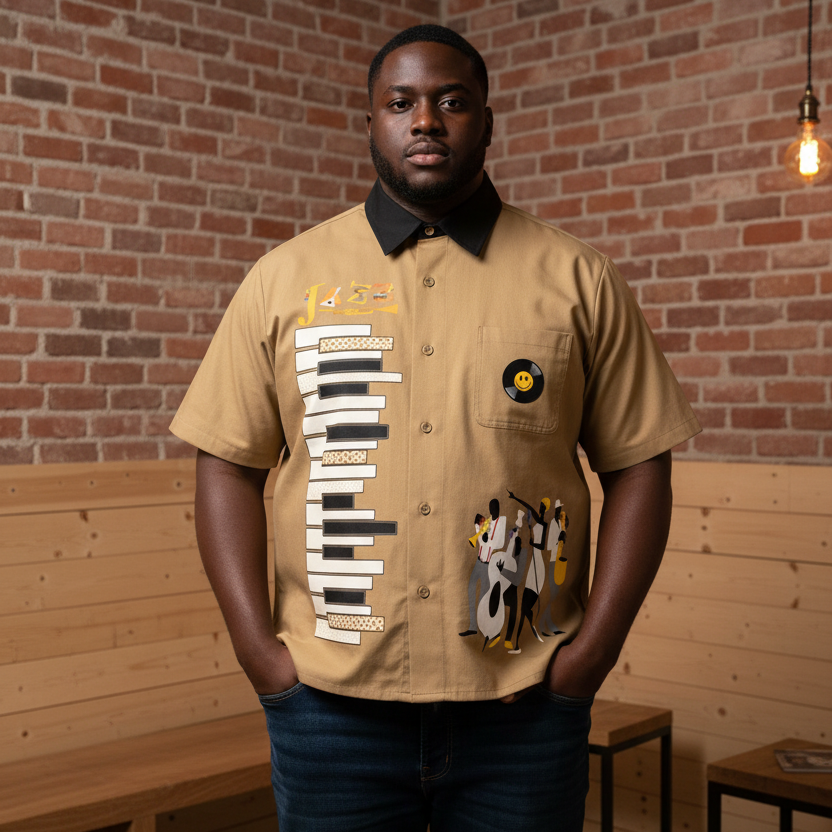 Piano-Inspired Graphic Unisex Short-Sleeve Color-Block Shirt Featuring Jazz Music