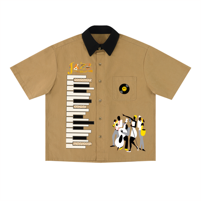 Piano-Inspired Graphic Unisex Short-Sleeve Color-Block Shirt Featuring Jazz Music