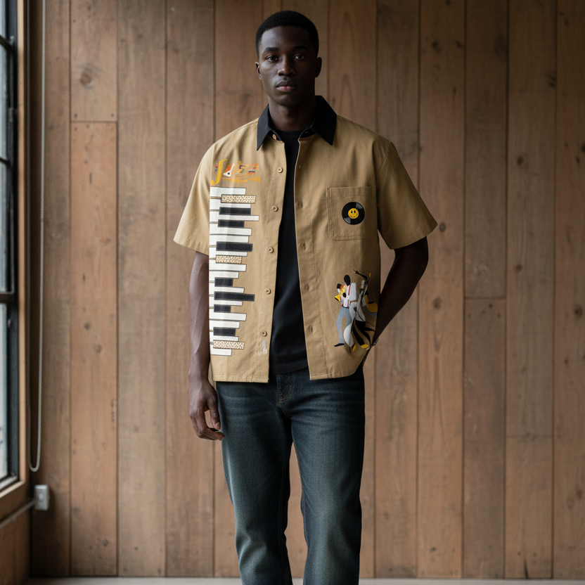 Piano-Inspired Graphic Unisex Short-Sleeve Color-Block Shirt Featuring Jazz Music