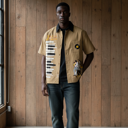 Piano-Inspired Graphic Unisex Short-Sleeve Color-Block Shirt Featuring Jazz Music