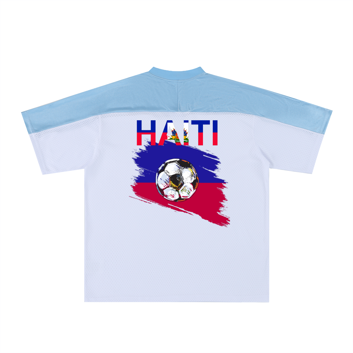 Oversized Unisex V-Neck Soccer Jersey Featuring a Haiti Flag-Inspired Mesh Design