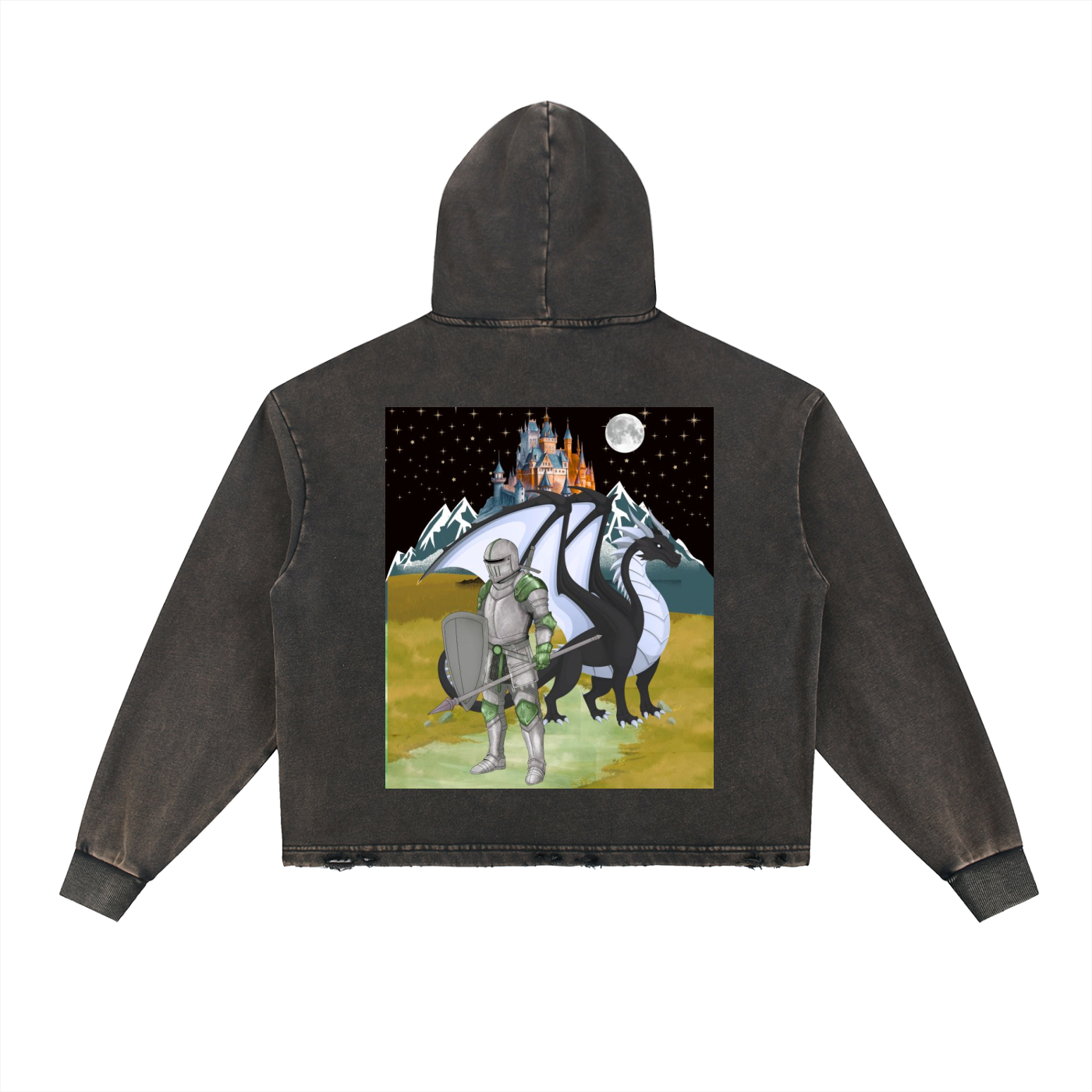 Medieval Dragon Themed Graphic Vintage Washed Frayed-Hem Hoodie