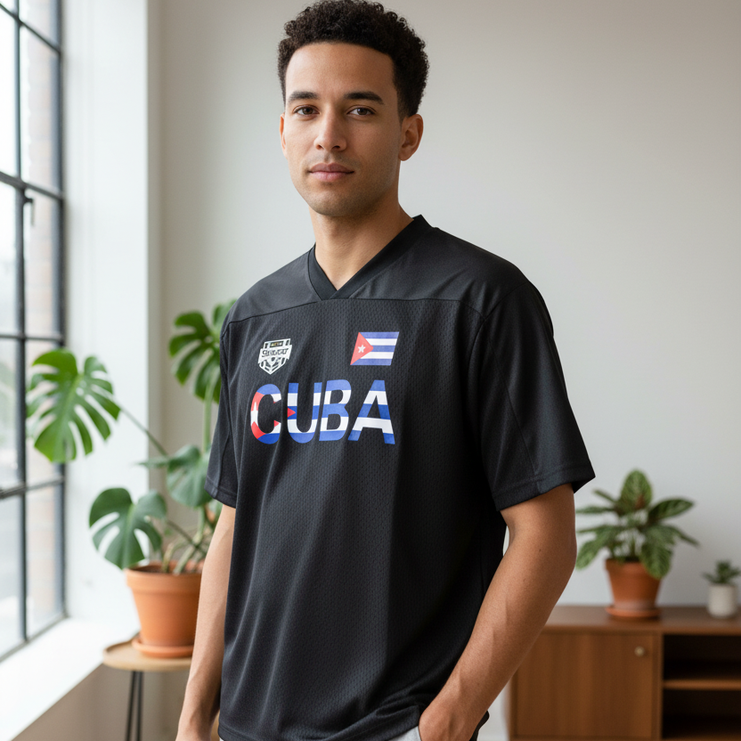 Cuba Flag Themed Graphic Mesh V-Neck Soccer Jersey