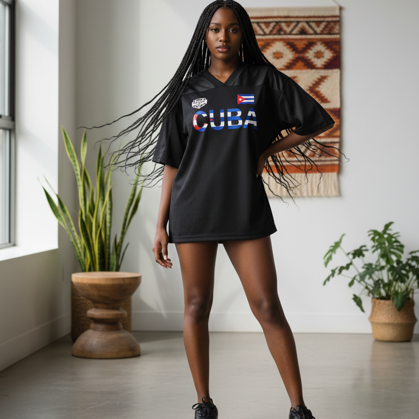 Cuba Flag Themed Graphic Mesh V-Neck Soccer Jersey