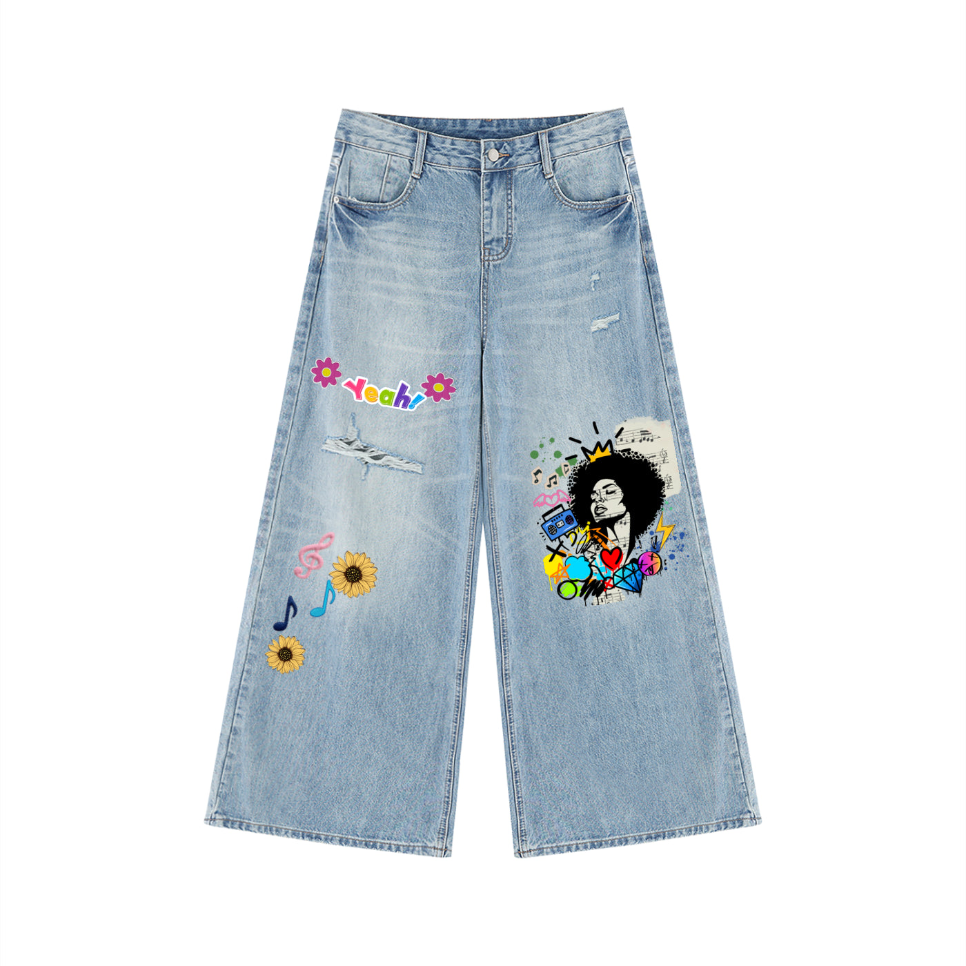 Colorful Graffiti Afro Music Themed Graphic Women's Vintage Wash Distressed Wide Leg Jeans