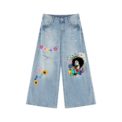 Colorful Graffiti Afro Music Themed Graphic Women's Vintage Wash Distressed Wide Leg Jeans