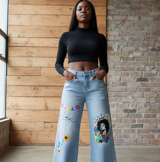 Colorful Graffiti Afro Music Themed Graphic Women's Vintage Wash Distressed Wide Leg Jeans
