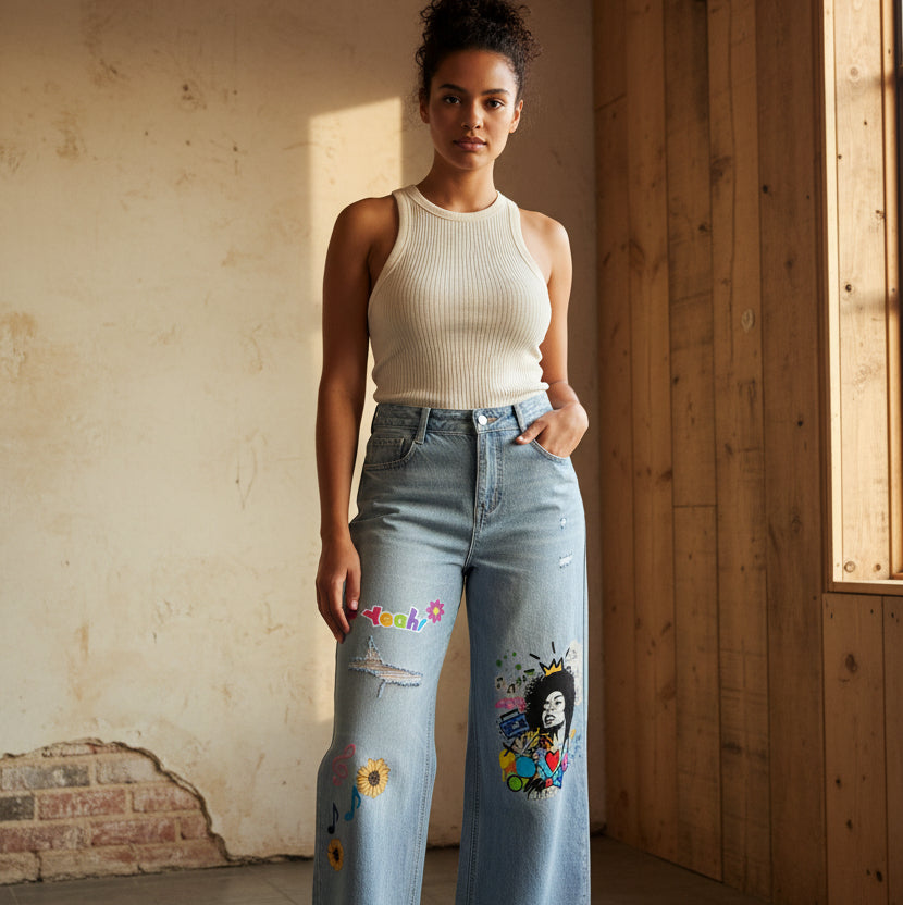 Colorful Graffiti Afro Music Themed Graphic Women's Vintage Wash Distressed Wide Leg Jeans ODMPOD
