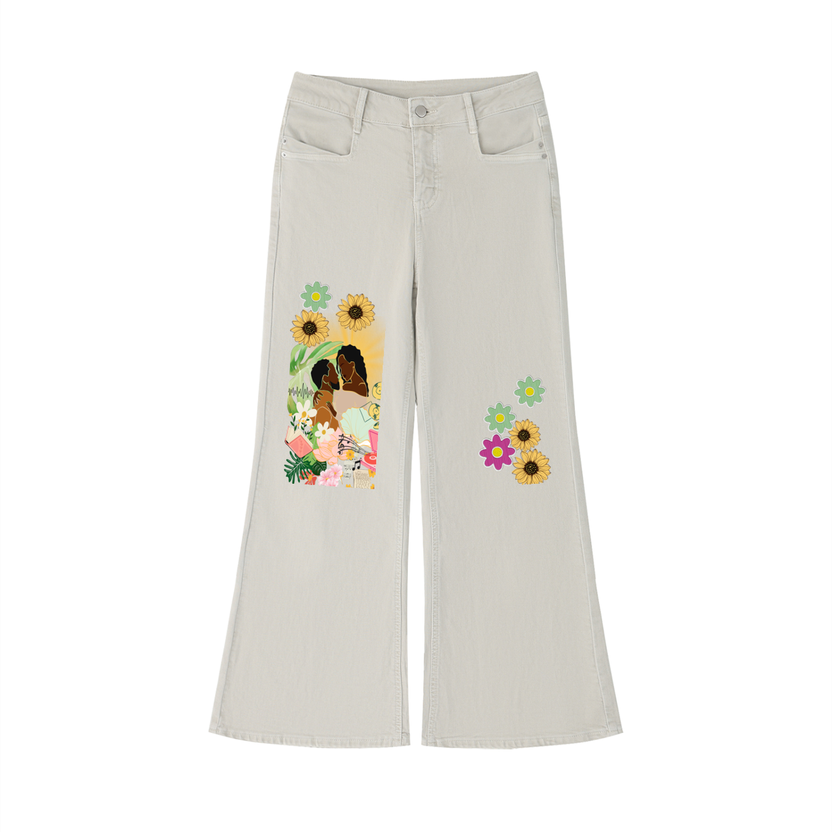 Women's Vintage-Wash Flared Jeans Featuring Colorful Afro-Centric Love-Themed Graphics ODMPOD