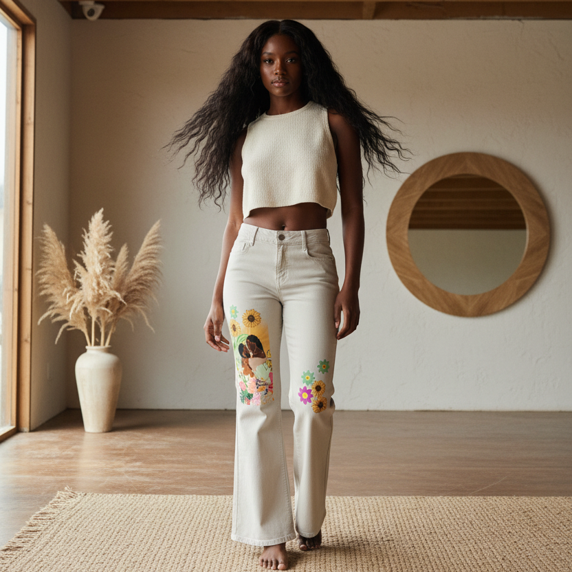 Women's Vintage-Wash Flared Jeans Featuring Colorful Afro-Centric Love-Themed Graphics ODMPOD