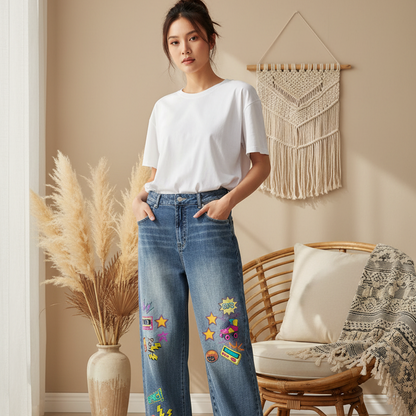 90s Themed Graphic Unisex Sun Fade Heavyweight Denim Jeans