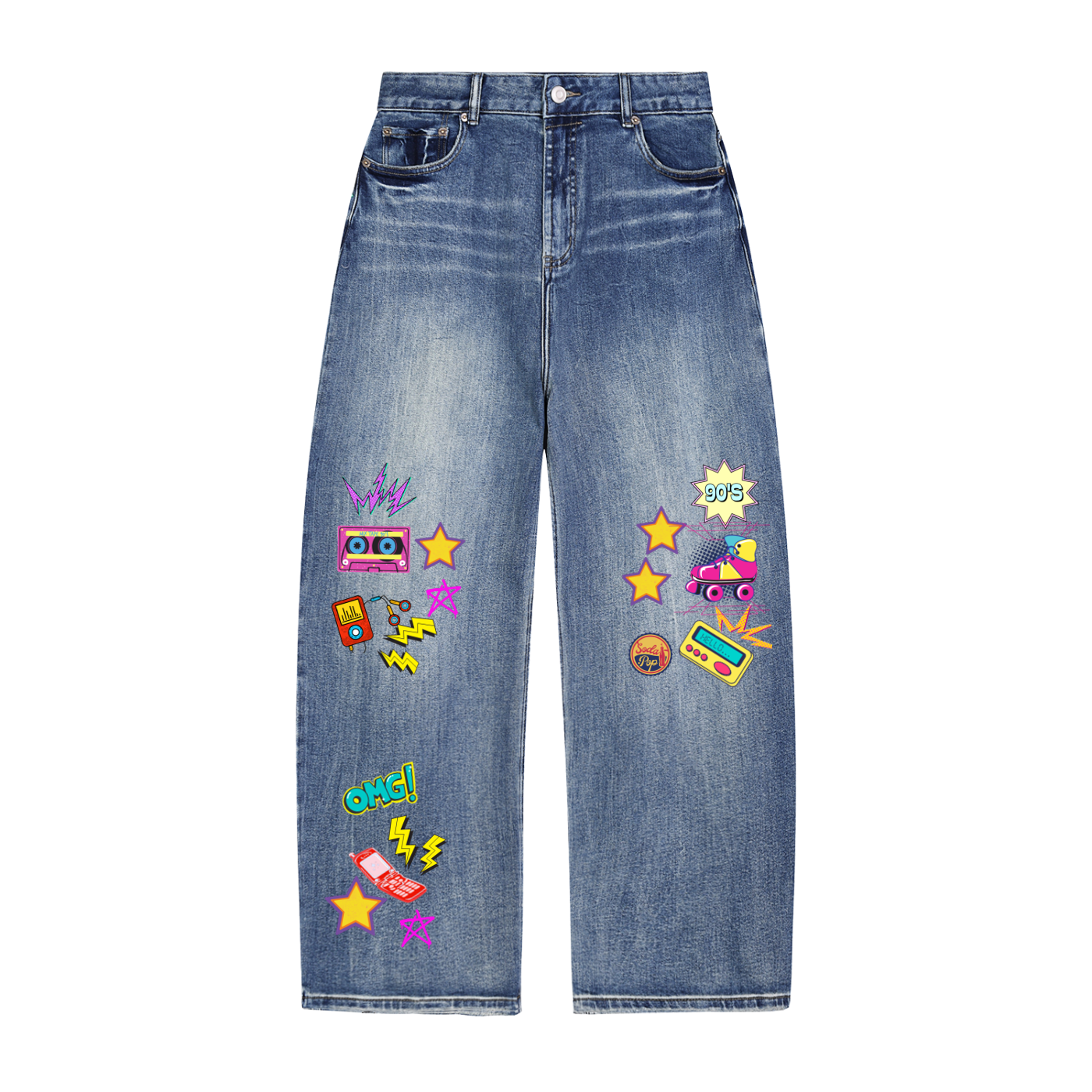 90s Themed Graphic Unisex Sun Fade Heavyweight Denim Jeans