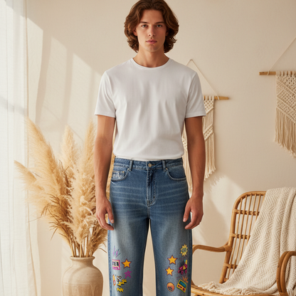 90s Themed Graphic Unisex Sun Fade Heavyweight Denim Jeans