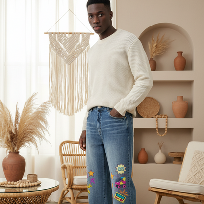 90s Themed Graphic Unisex Sun Fade Heavyweight Denim Jeans