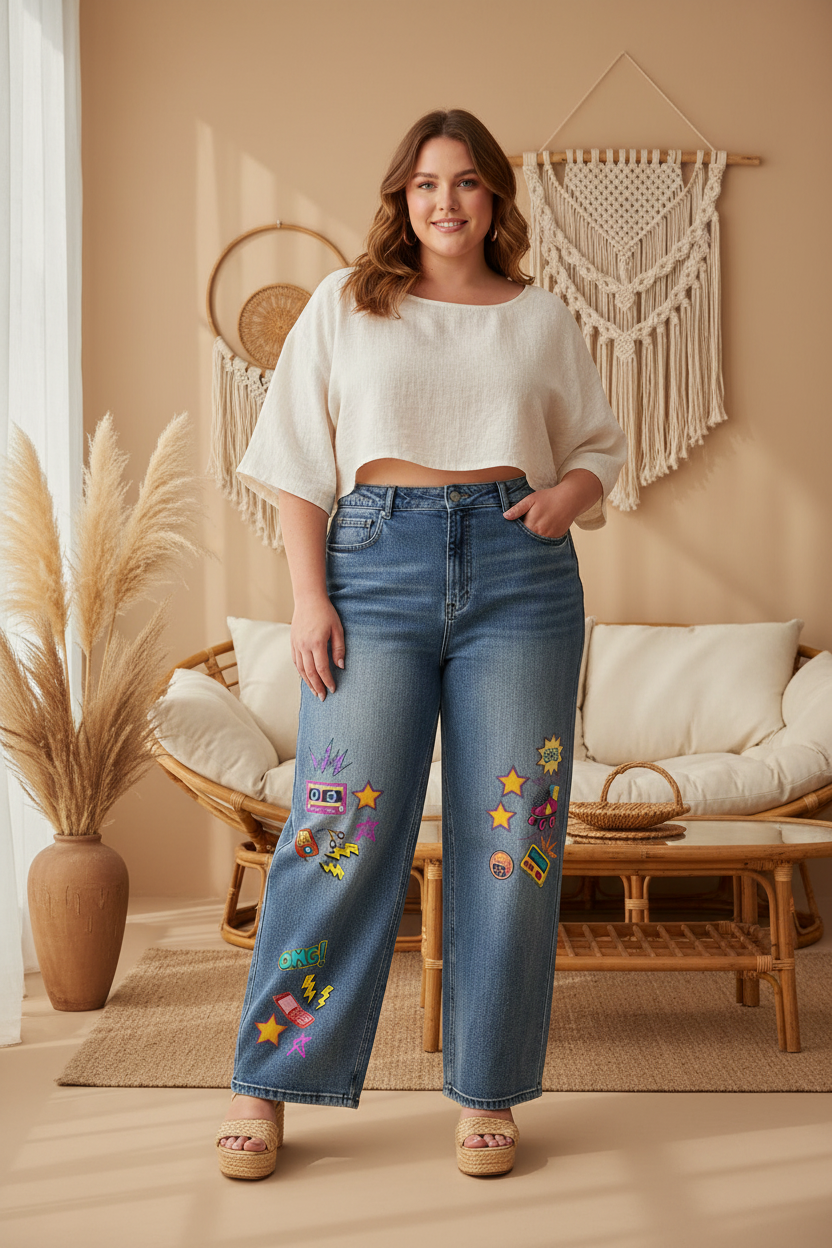 90s Themed Graphic Unisex Sun Fade Heavyweight Denim Jeans