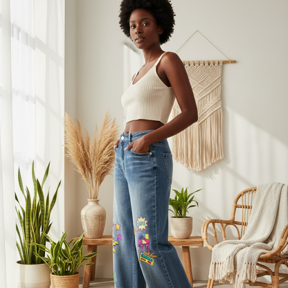 90s Themed Graphic Unisex Sun Fade Heavyweight Denim Jeans