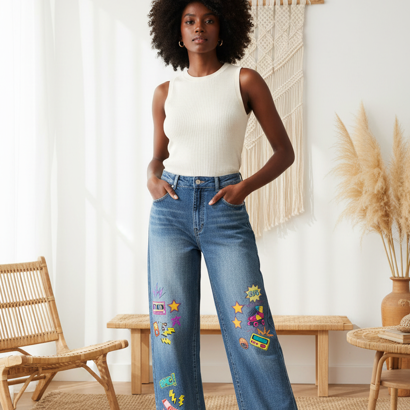 90s Themed Graphic Unisex Sun Fade Heavyweight Denim Jeans