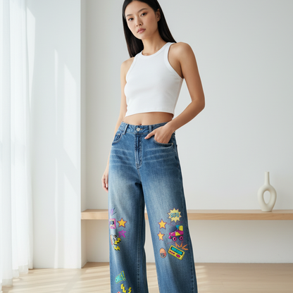 90s Themed Graphic Unisex Sun Fade Heavyweight Denim Jeans