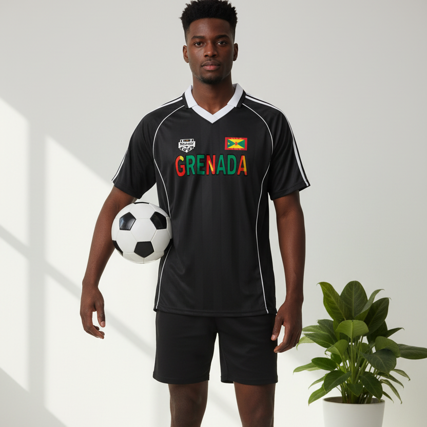 Grenada Flag Themed Graphic Stripe Collared Soccer Jersey