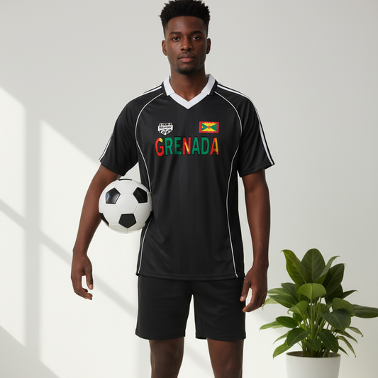 Grenada Flag Themed Graphic Stripe Collared Soccer Jersey