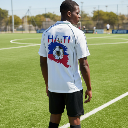 Unisex Haiti Flag Themed Graphic Shadow Stripe Collared Soccer Jersey