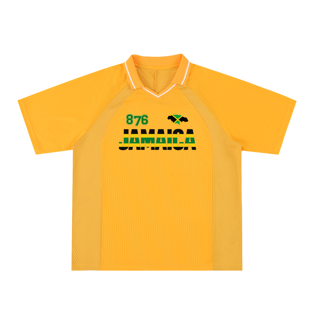Jamaican Pride, Flag Themed Graphic V-Neck Collared  Unisex Soccer Jersey