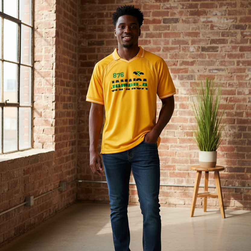 Jamaican Pride, Flag Themed Graphic V-Neck Collared  Unisex Soccer Jersey