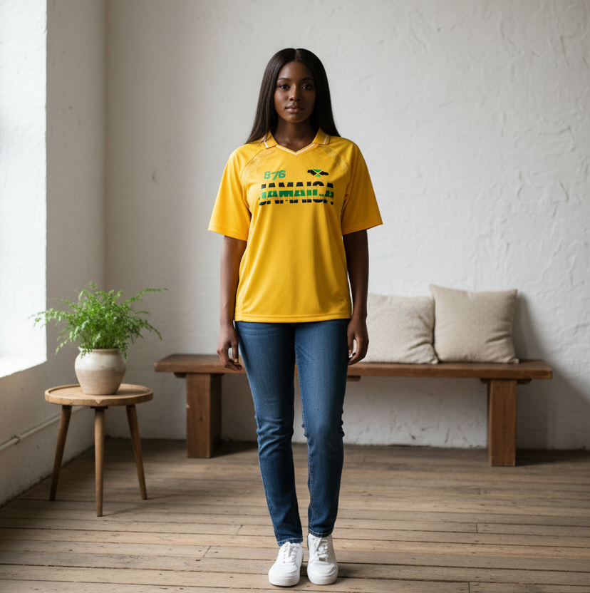 Jamaican Pride, Flag Themed Graphic V-Neck Collared  Unisex Soccer Jersey