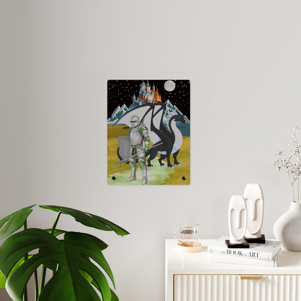 Knight and Dragon Acrylic Wall Art Panel — Fantasy Castle Nightscape Décor Printify