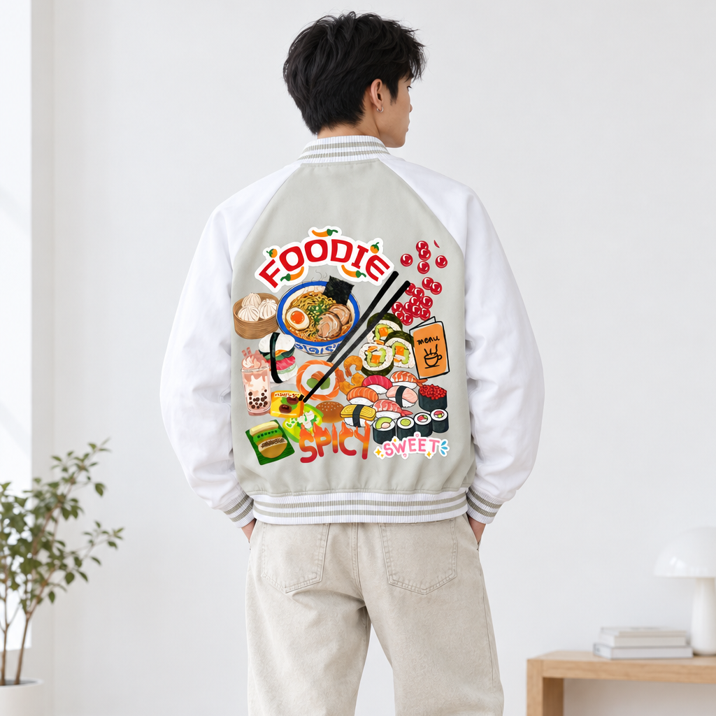 Foodie Enthusiast Graphic Two Tone Raglan Sleeve Varsity Unisex  Jacket