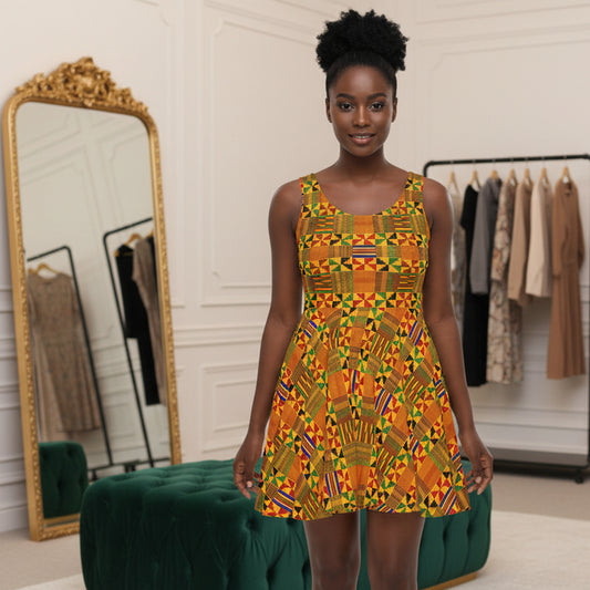 Kente Print Women's Skater Dress - African-Inspired Vibrant Pattern