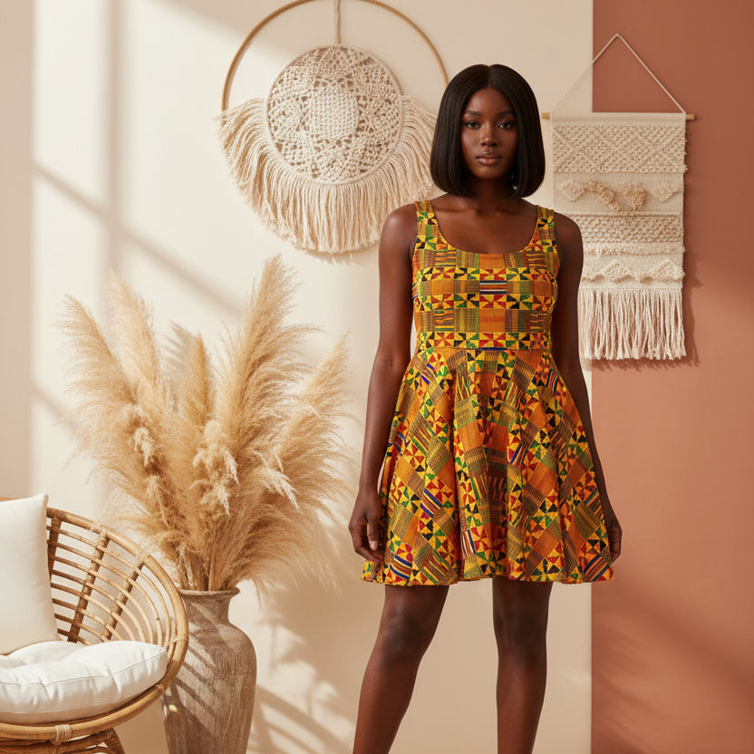 Kente Print Women's Skater Dress - African-Inspired Vibrant Pattern