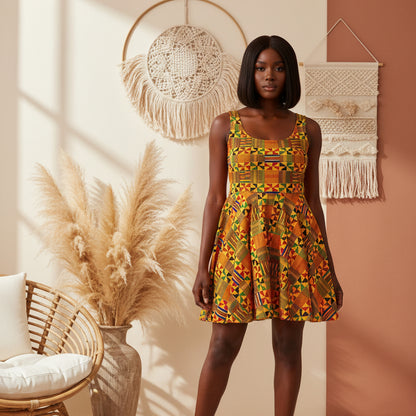 Kente Print Women's Skater Dress - African-Inspired Vibrant Pattern