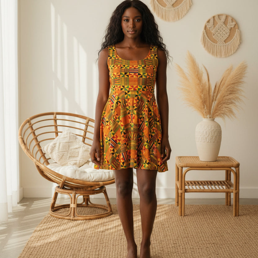 Kente Print Women's Skater Dress - African-Inspired Vibrant Pattern Printify